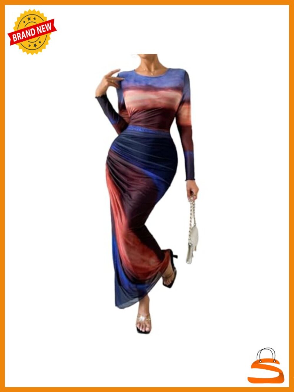 Women's Printed Bodycon Maxi Dress Long Sleeve Ruched Mesh Tie Dye Cocktail